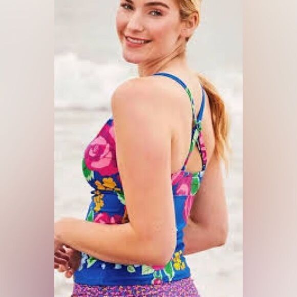 NWT New Matilda Jane To The Beach Bright Floral Tankini Swim Top M Blue Pink - Picture 3 of 9